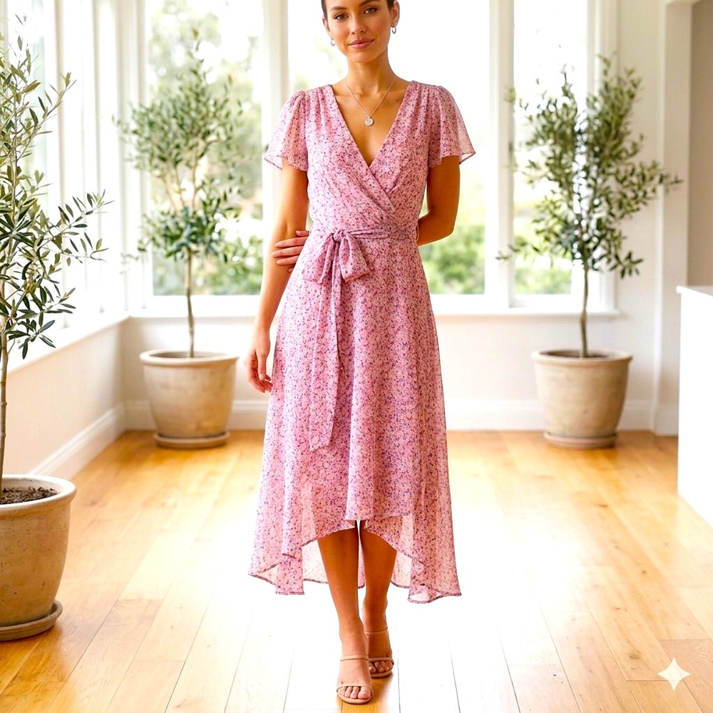 DKNY Pink Floral Chiffon High Low Midi Dress Short Flutter Sleeves Size 8 NWT